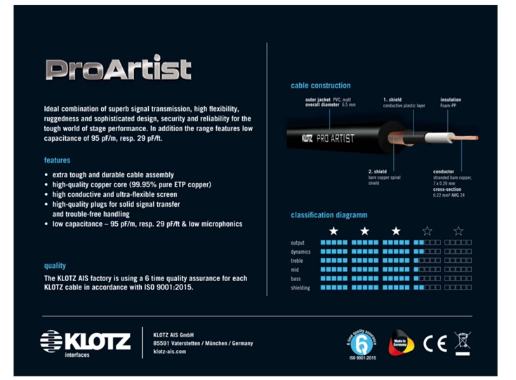 KLOTZ PROK030PR Pro Artist Instrument Cable 3m Jack 2p - Jack 2p 90°