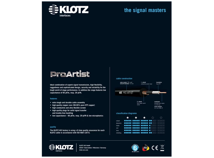 KLOTZ PROK060PR Pro Artist Instrument Cable 6m Jack 2p - Jack 2p 90°